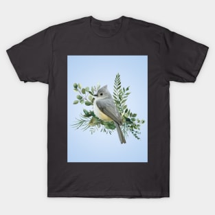 Grey Bird in tree on a pale blue background T-Shirt